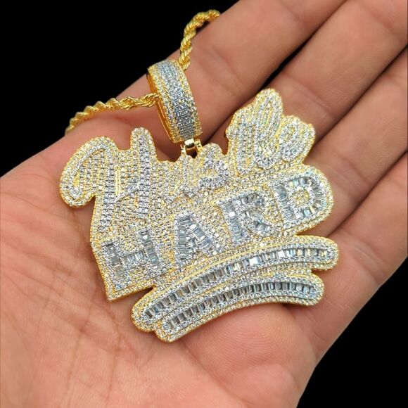 14K Yellow Gold Finish Hustle Hard  - Free 24inch x 3mm Rope Chain. - Picture 8 of 8